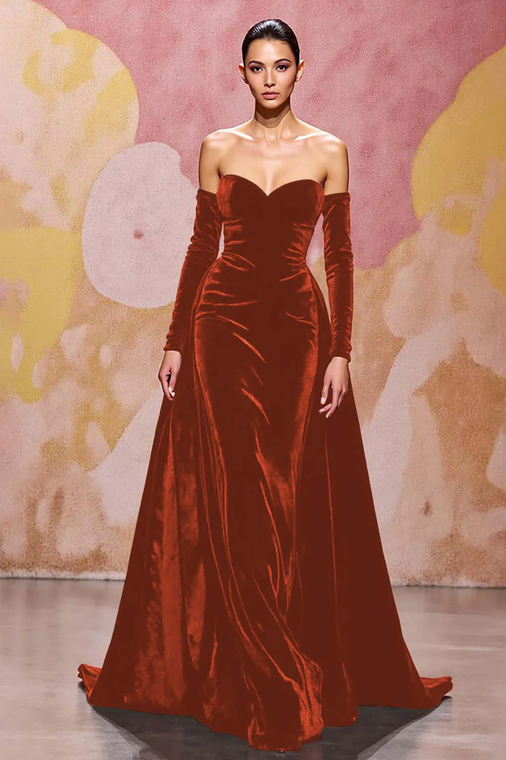 Dark Red Velvet A Line Long Off the Shoulder Evening Dress - VNBITS