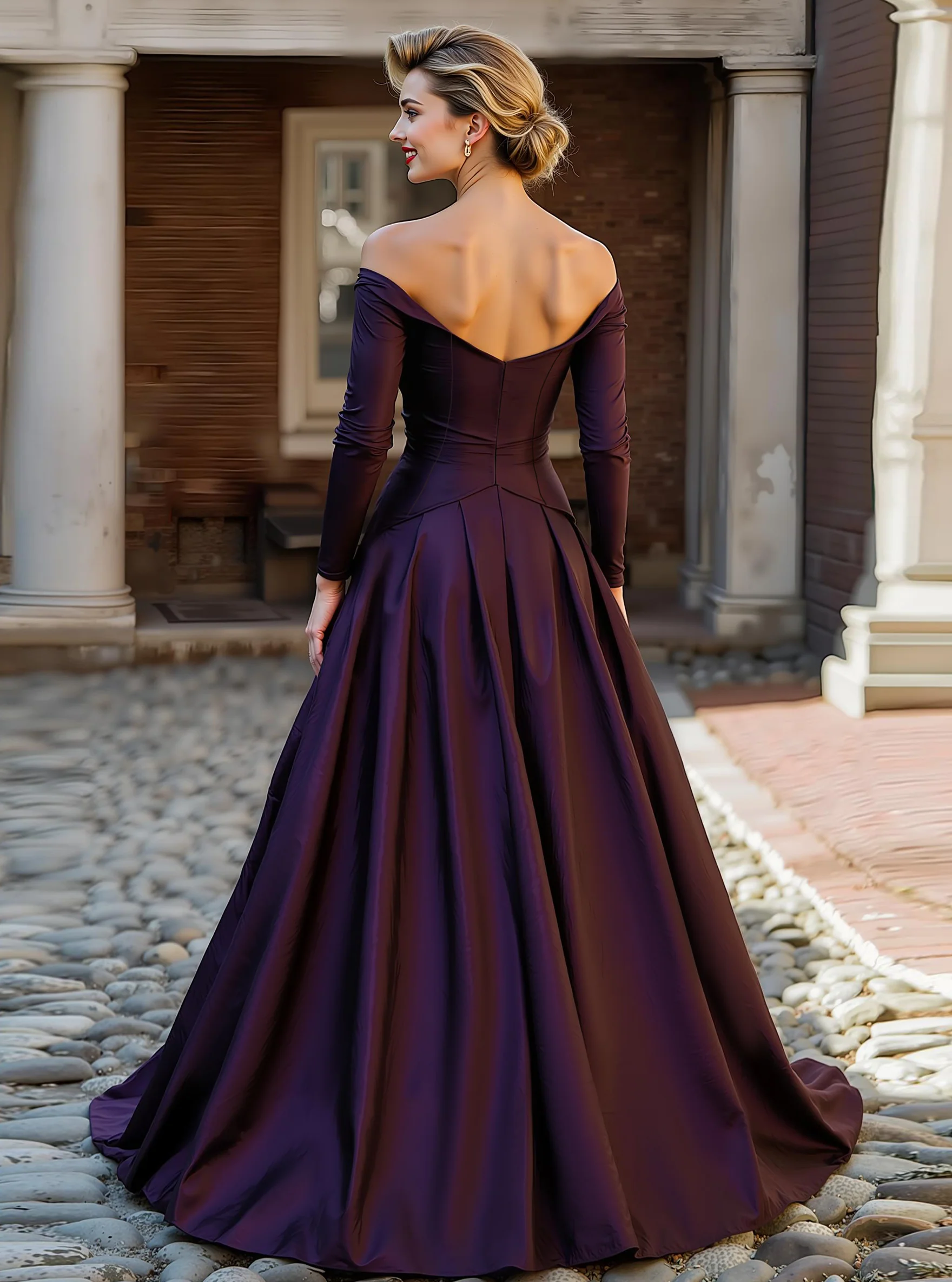 Plum Off the Shoulder A Line Long Mother of the Bride Dress with Sleeves - VNBITS