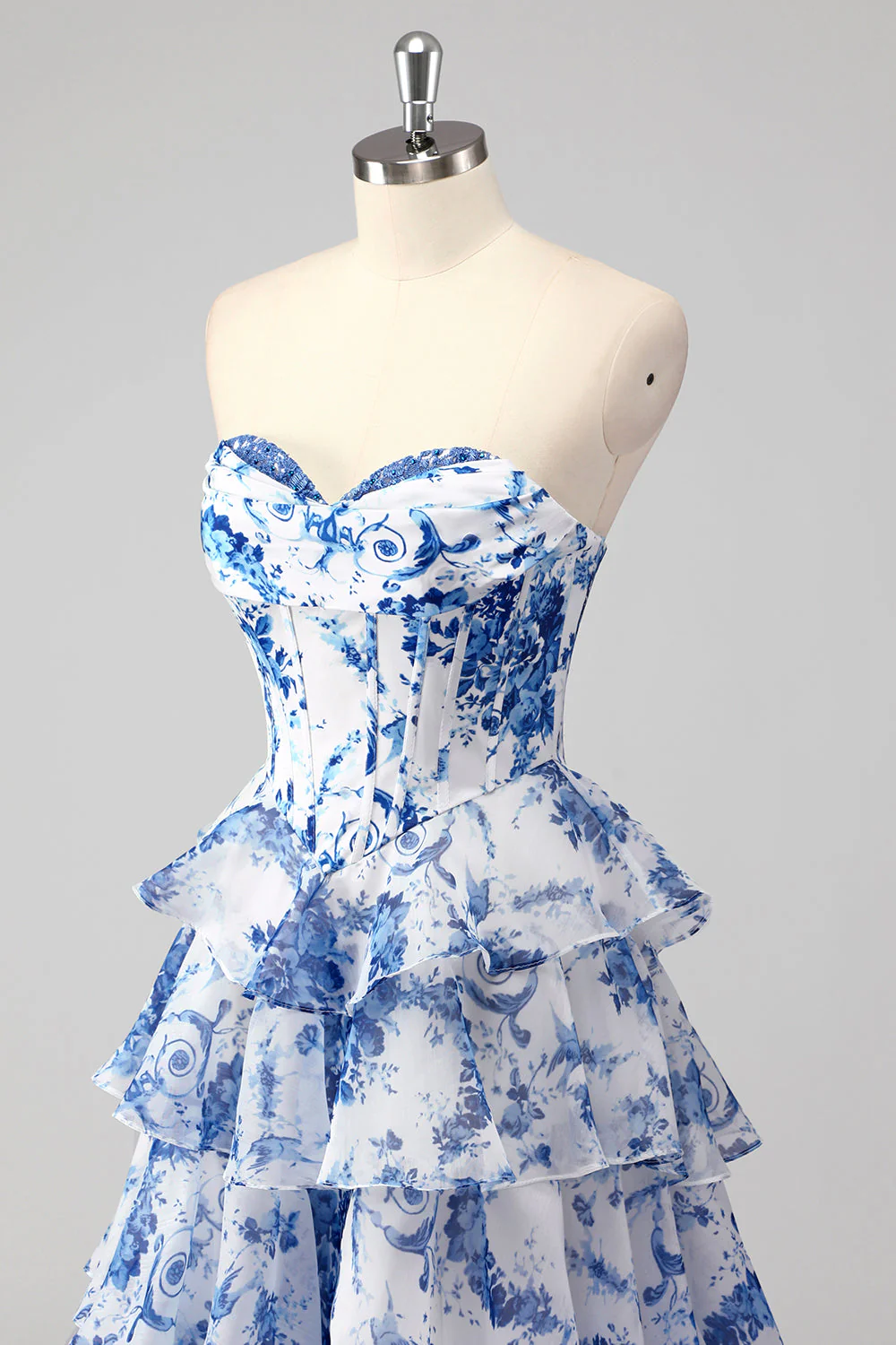 Blue White Flower A-Line Sweetheart Tiered Long Prom Dress with Slit - VNBITS