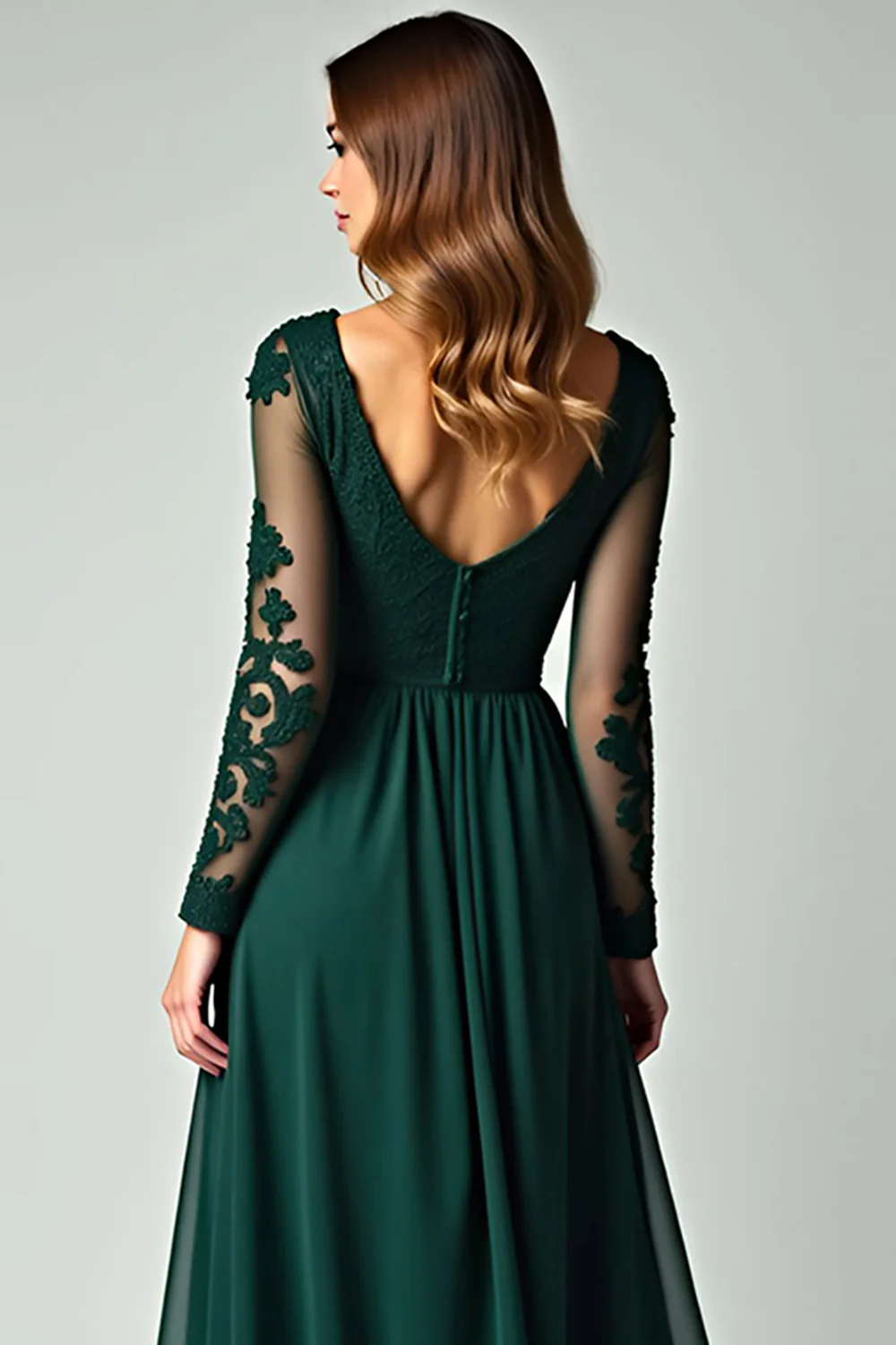 V-Neck Pine Appliqued Prom Dress with Long Sleeves - VNBITS