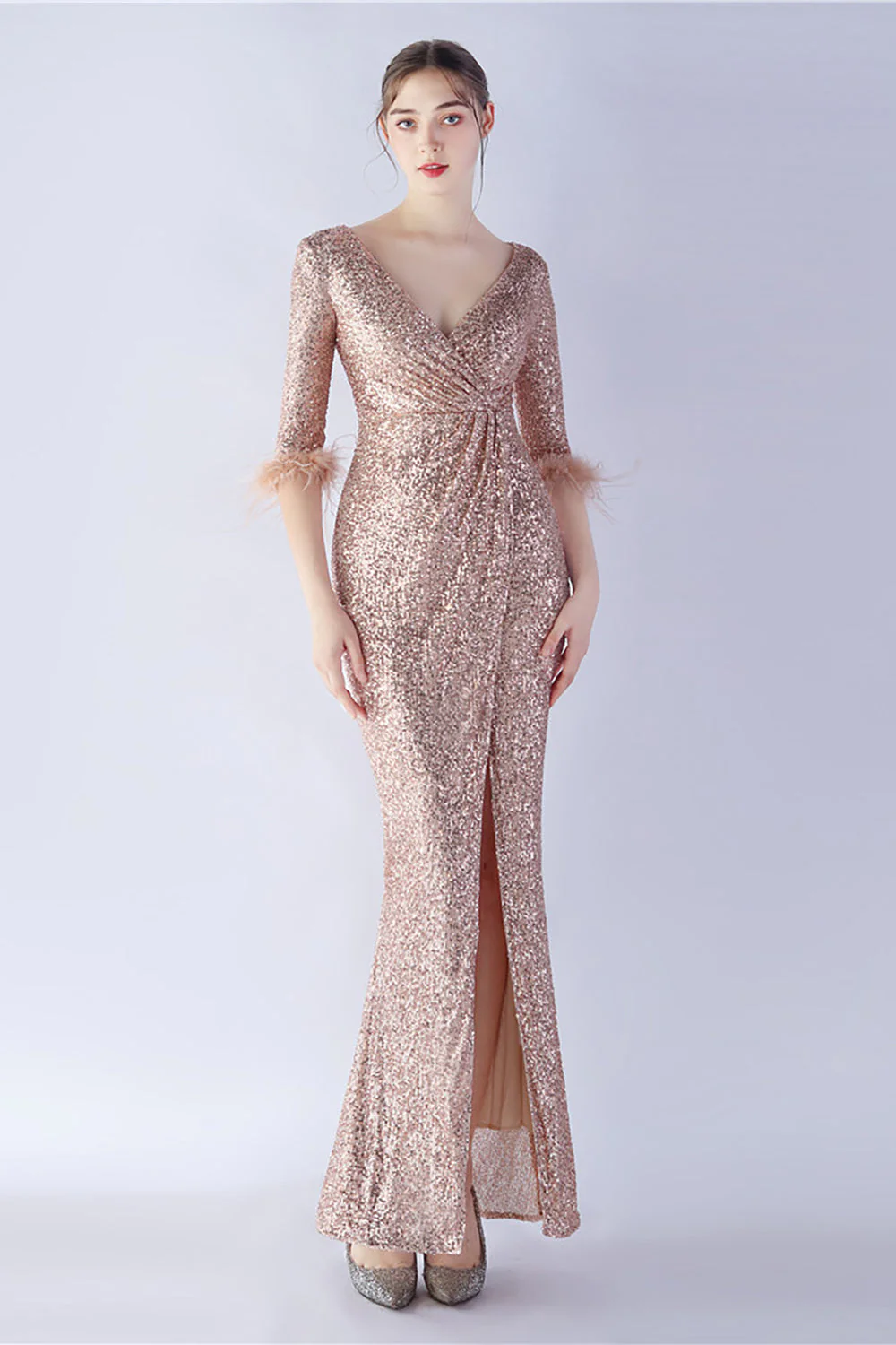 Navy Sequin V-neck Half Sleeves Sheath Formal Dress with Feather - VNBITS