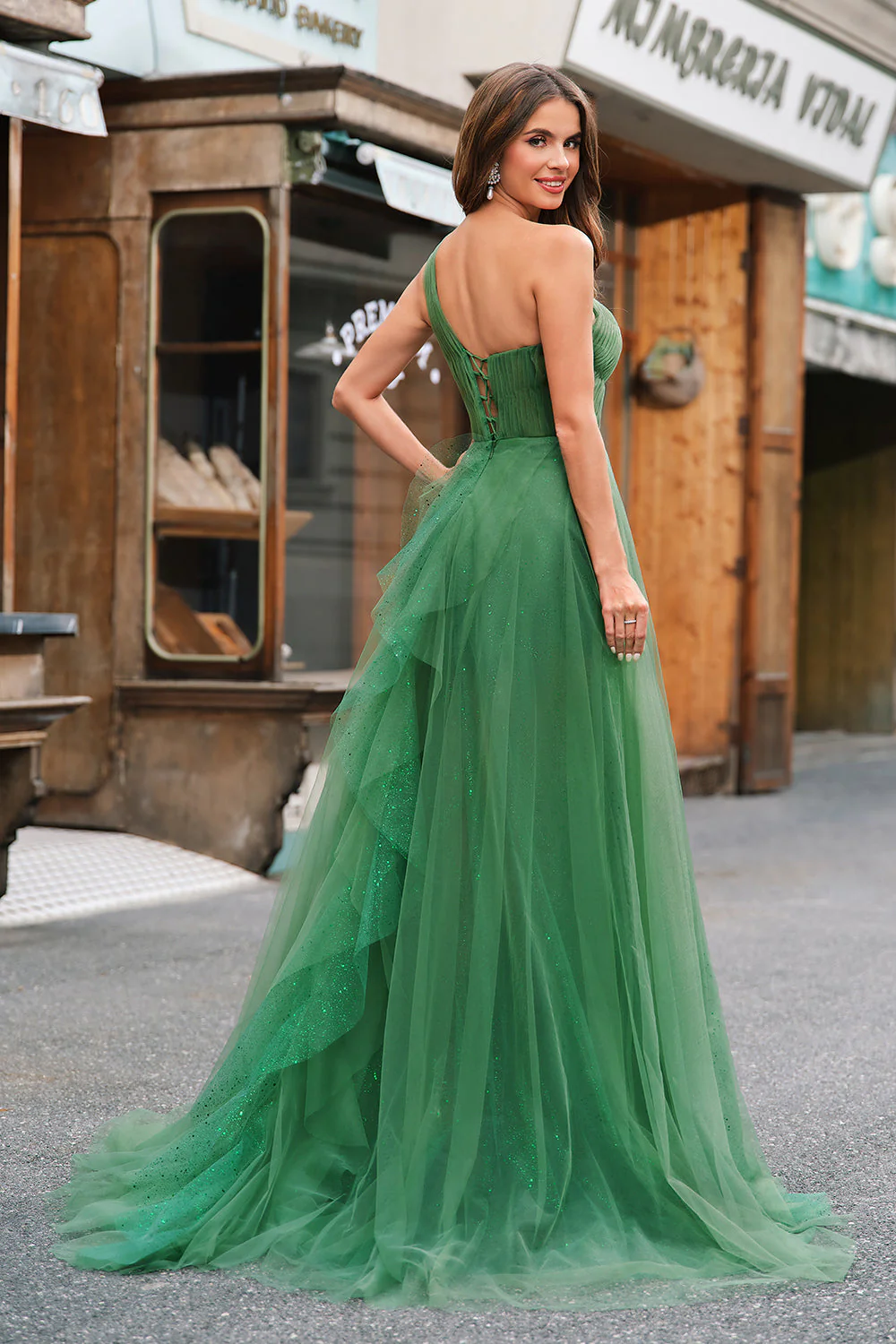 Dark Green A-Line One-Shoulder Long Prom Dresses With Long Sleeves - VNBITS