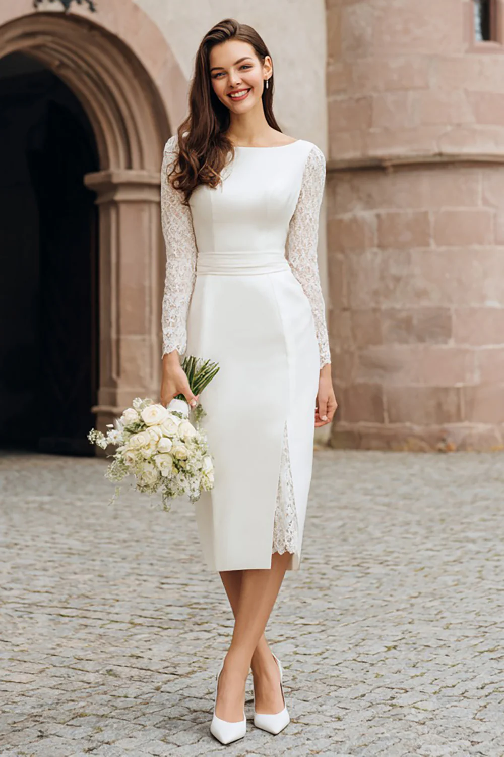 Ivory Bodycon Boat Neck Midi Wedding Reception Dress with Lace - VNBITS