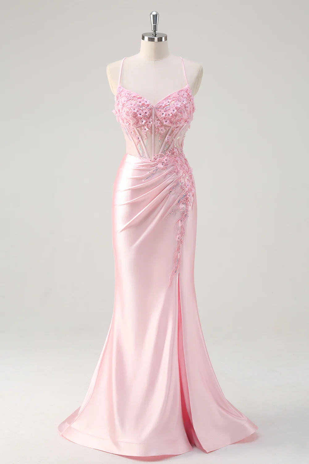 Pink Floral Mermaid Spaghetti Straps Long Prom Dress with Slit - VNBITS