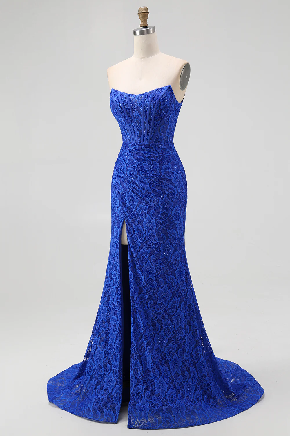Royal Blue Sweetheart Mermaid Lace Long Corset Prom Dress with Slit - VNBITS