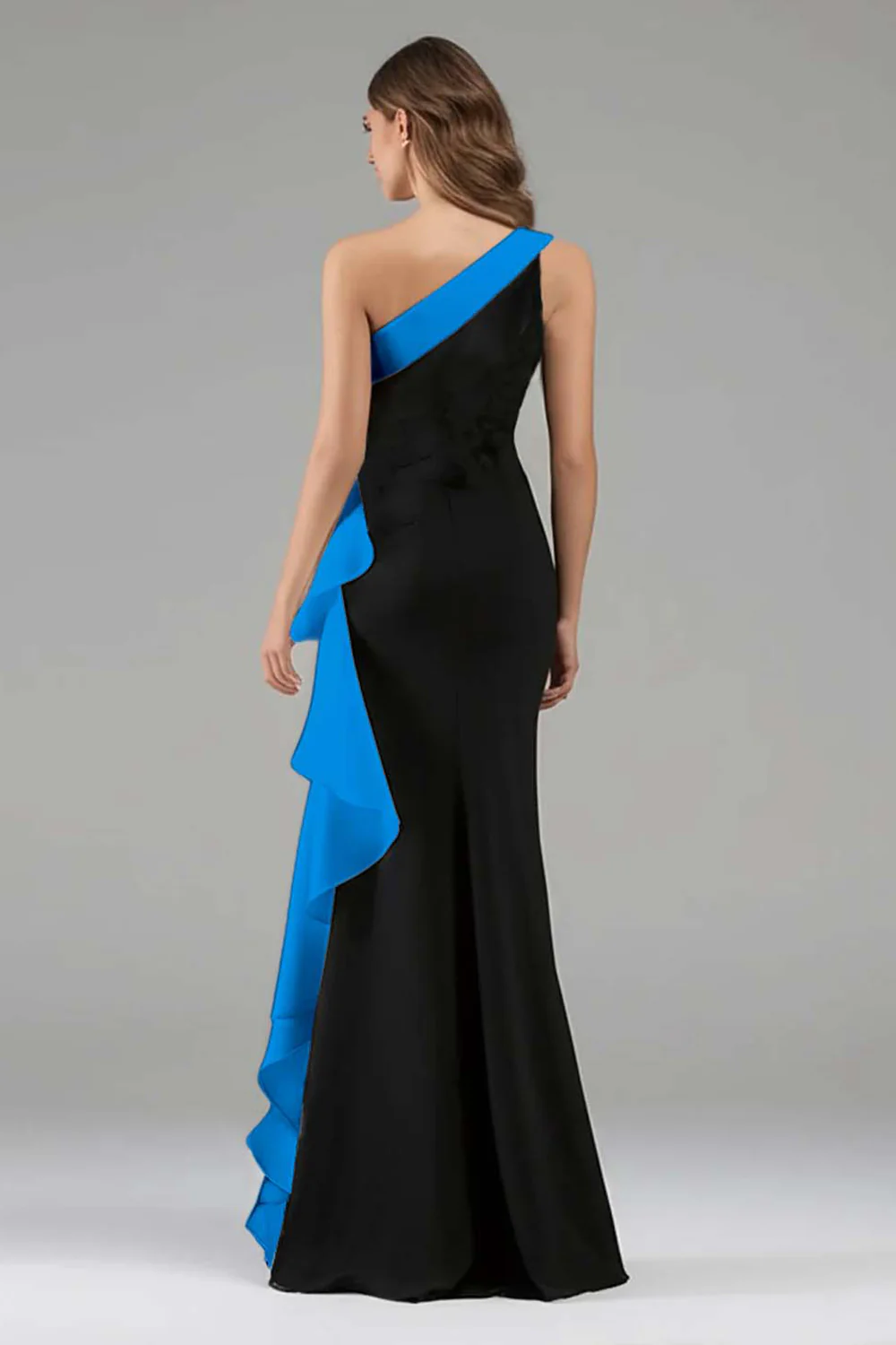 Black and Blue One Shoulder Long Formal Dress with Ruffles - VNBITS