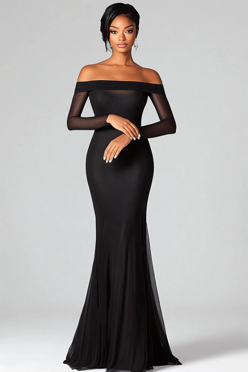 Black Sheath Off The Shoulder Mesh Formal Dress - VNBITS