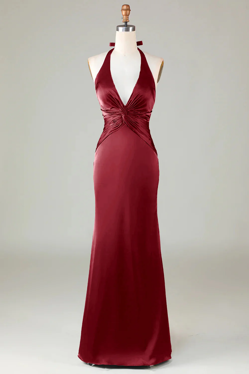 Mermaid Halter Dusty Blue Long Satin Bridesmaid Dress - VNBITS