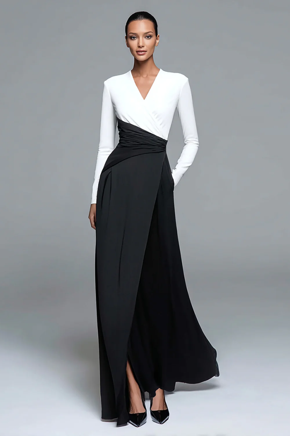Black and White Patchwork Long Formal Dress with Pockets - VNBITS