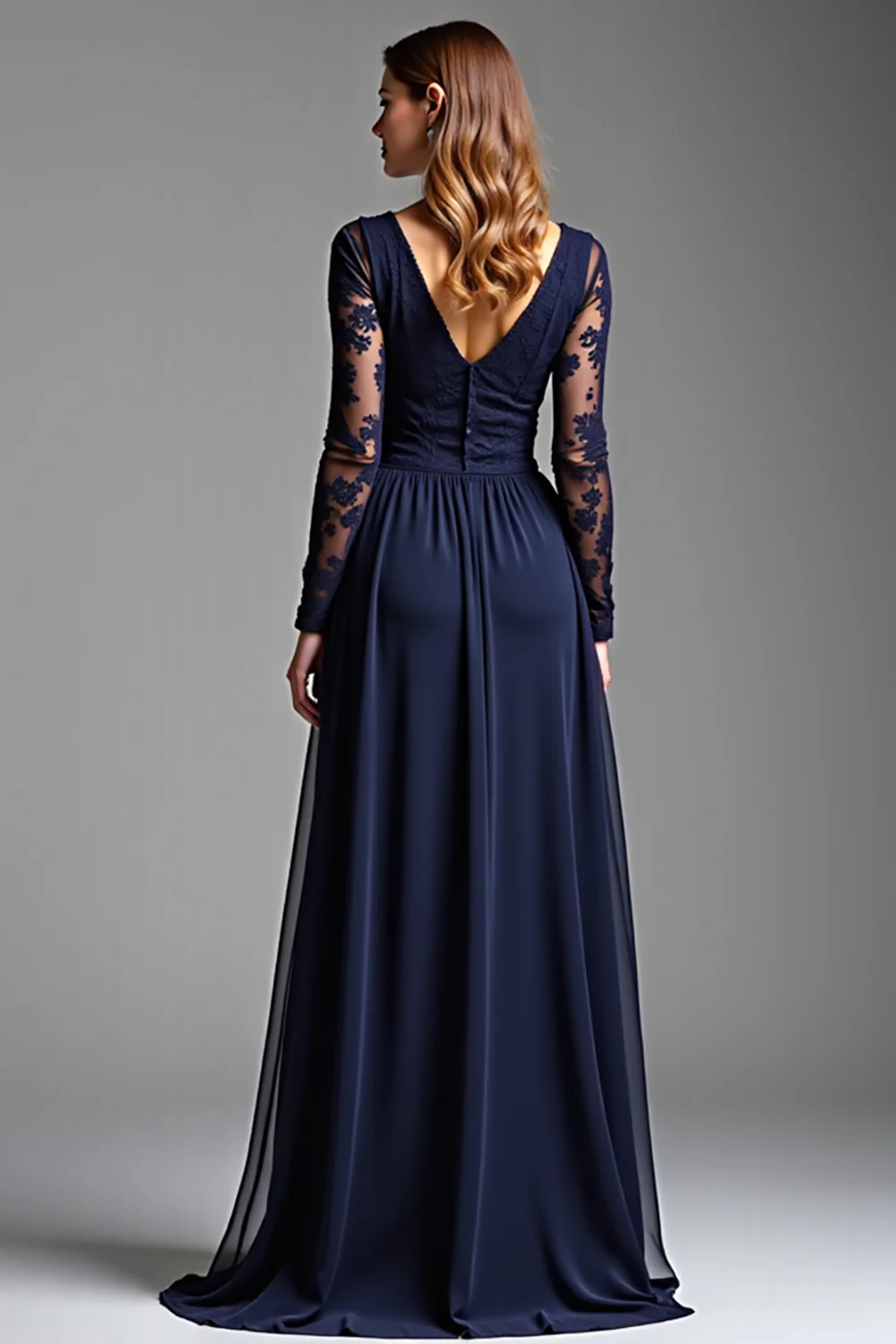 A Line Navy Chiffon Long Formal Dress with Sleeves - VNBITS