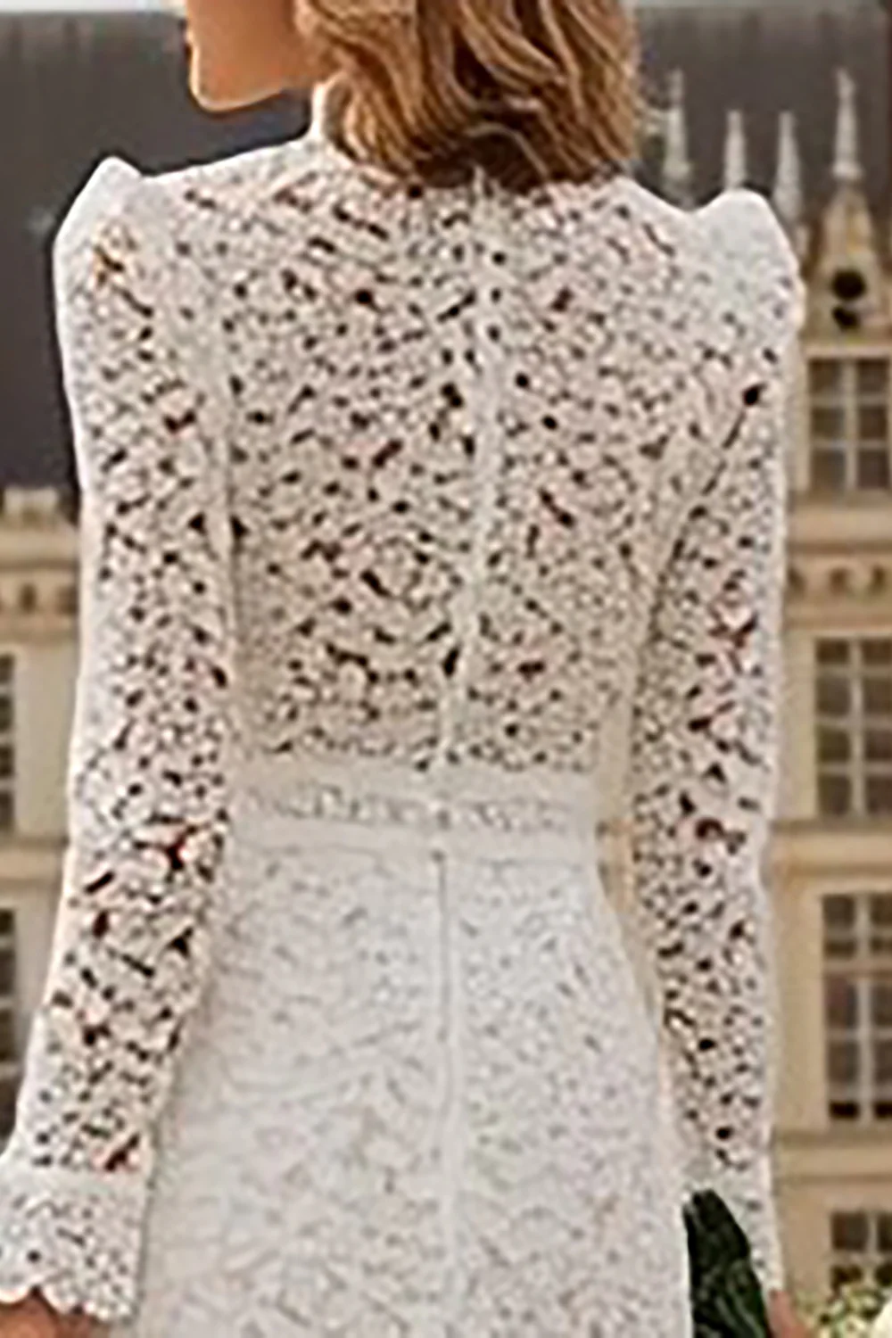 Ivory High Neck Ruffled Lace Midi Engagement Dress with Sleeves - VNBITS