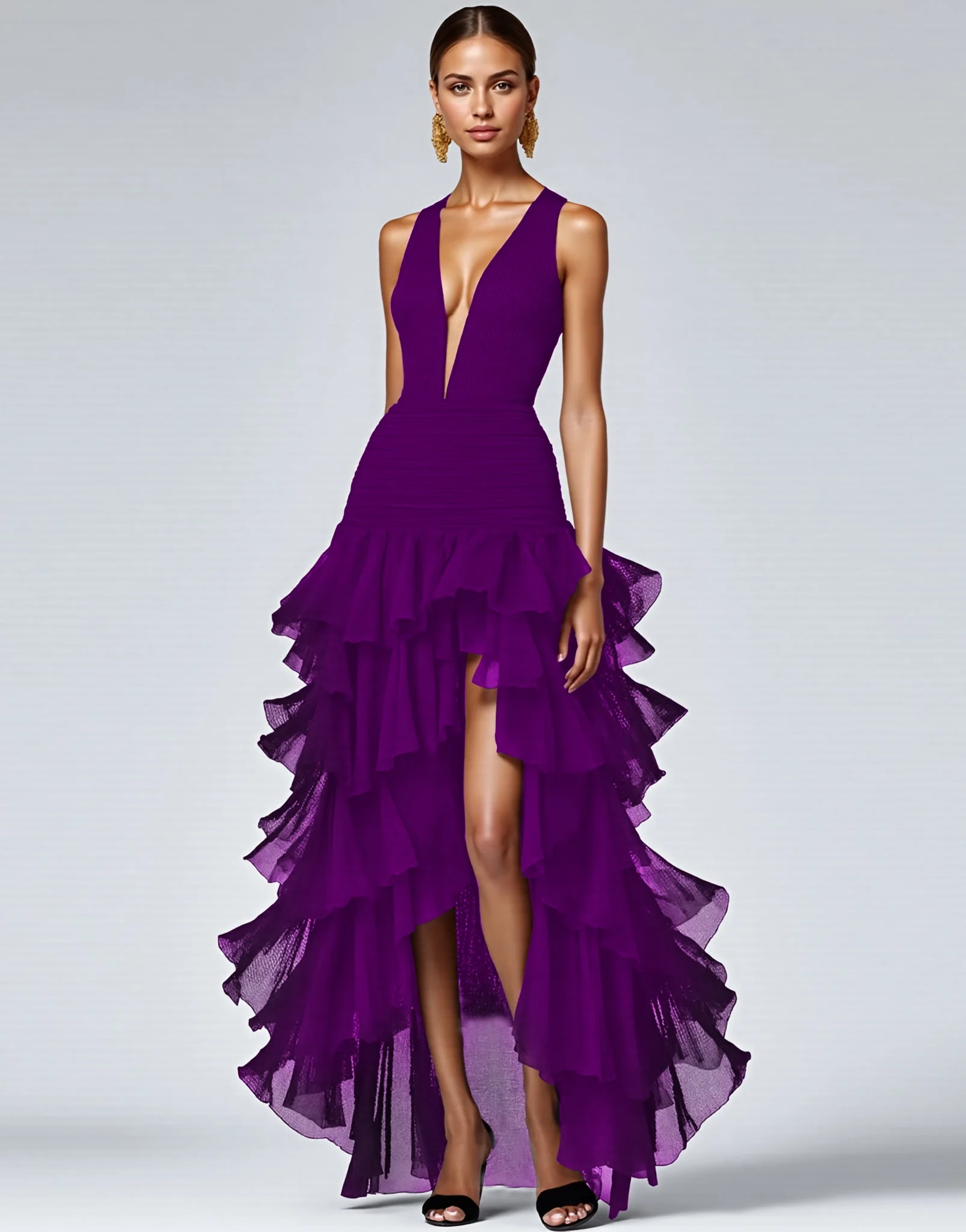 Royal Blue A Line Sleeveless V-Neck Tiered Long Formal Dress with Slit - VNBITS