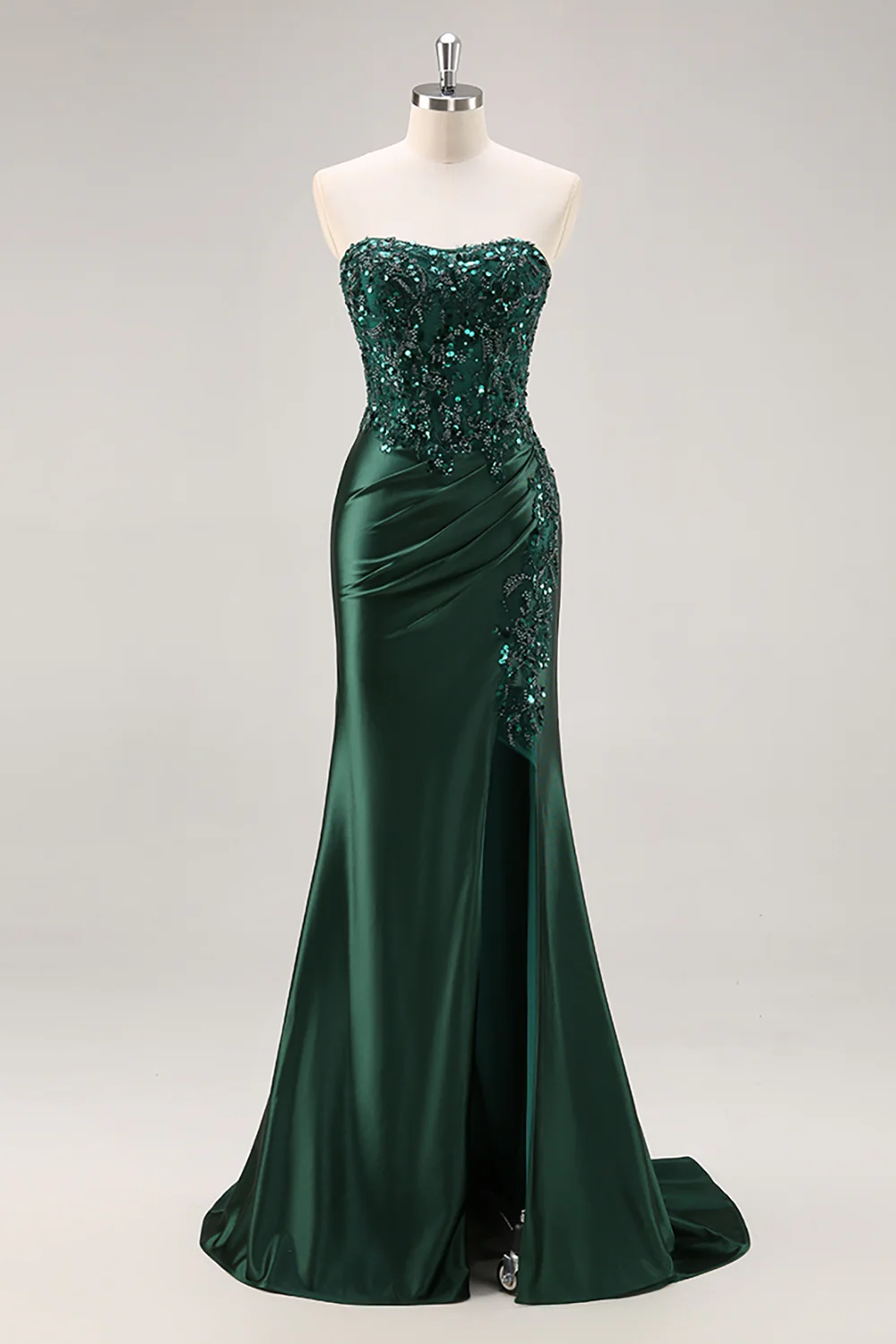 Sparkly Dark Green Corset Satin Mermaid Long Prom Dress with Slit - VNBITS