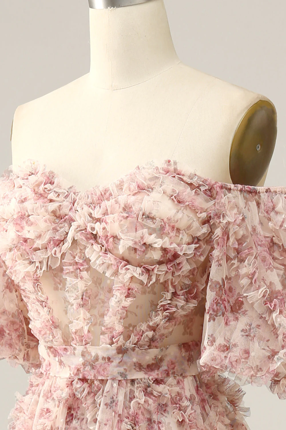 Ivory Red Flower Off The Shoulder Prom Dress - VNBITS