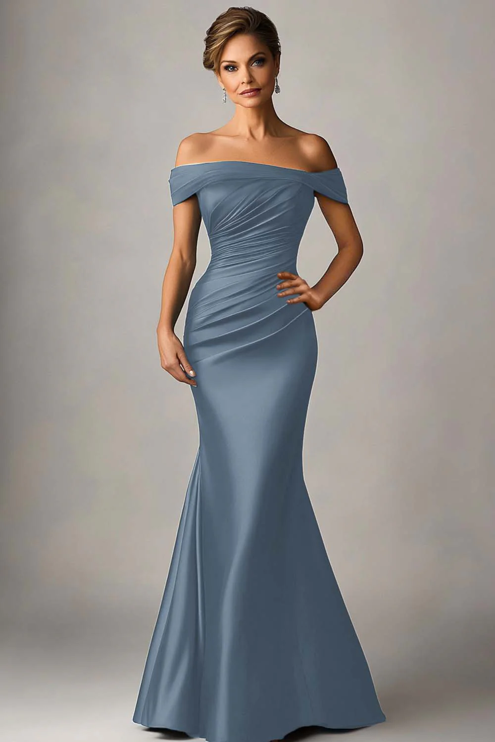 Peacock Blue Mermaid Off The Shoulder Ruched Satin Formal Dress - VNBITS