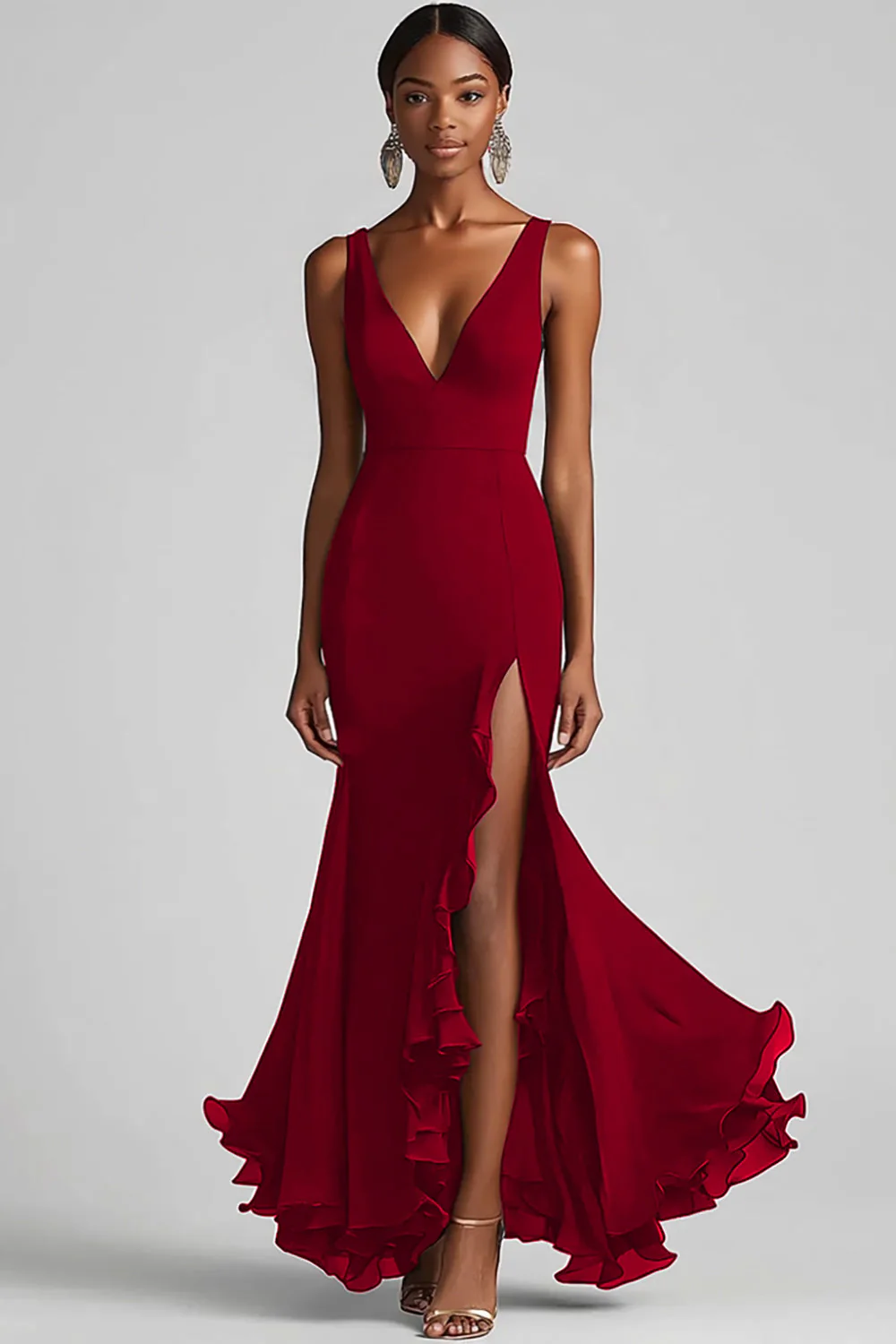 Ink Blue Chiffon V-Neck Ruffled Long Formal Dress with Slit - VNBITS