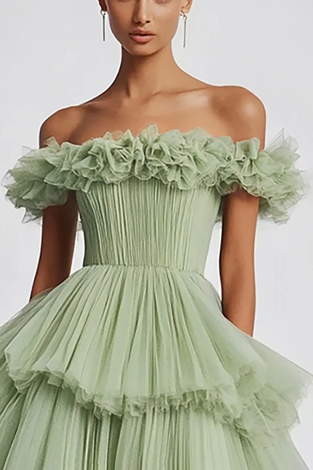 Dusty Sage Tulle Off the Shoulder Long Formal Dress with Ruffles - VNBITS
