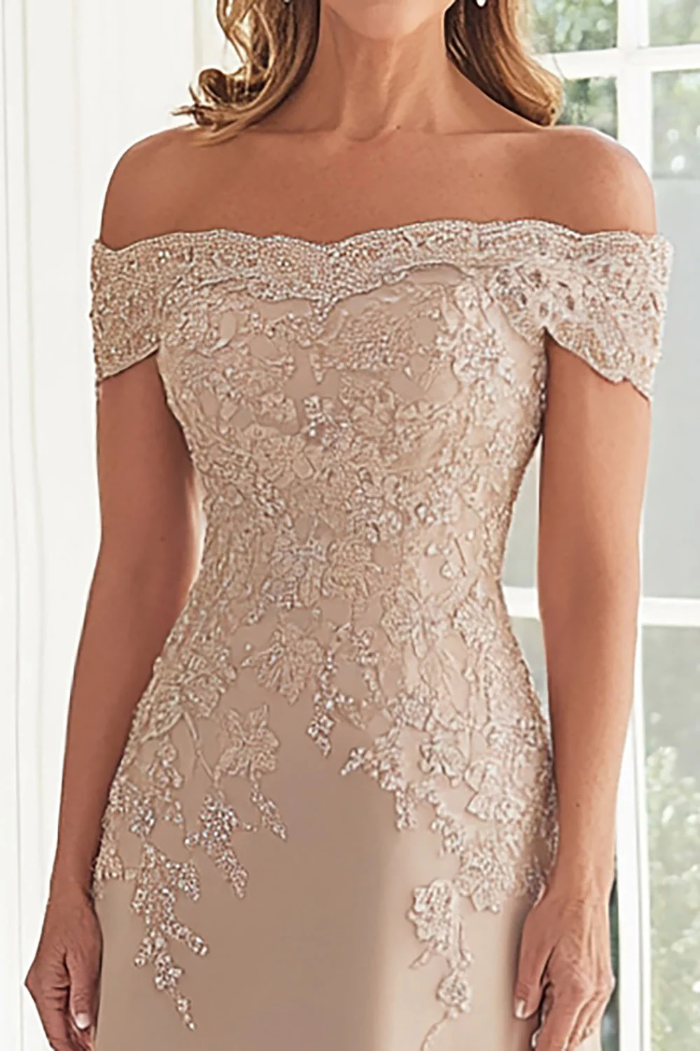 Taupe Off the Shoulder Chiffon Sheath Long Mother of the Bride Dress with Lace - VNBITS