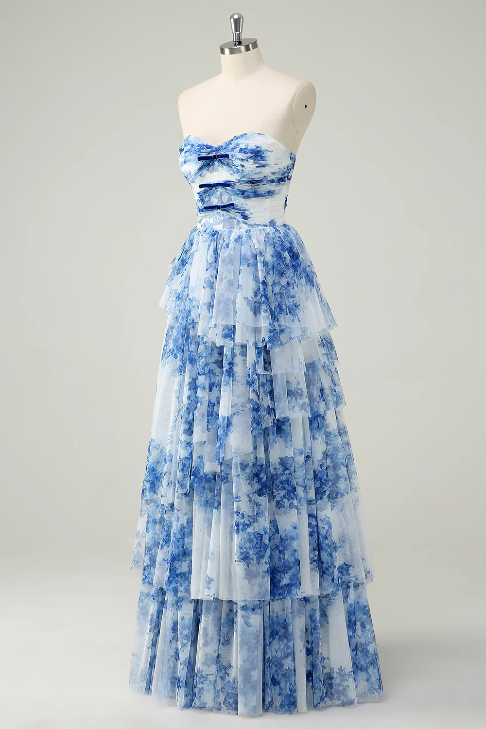 White Blue Flower Tiered Sweetheart A-Line Long Prom Dress - VNBITS