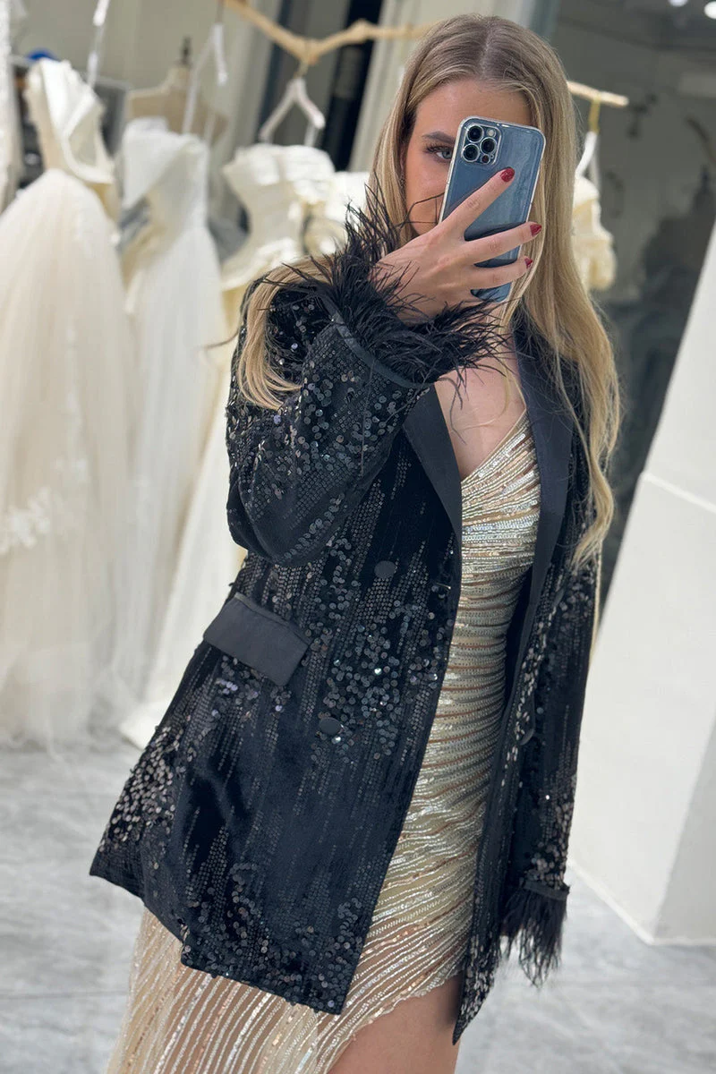 Sparkly Black Peak Lapel Sequins Women Blazer with Feathers - VNBITS