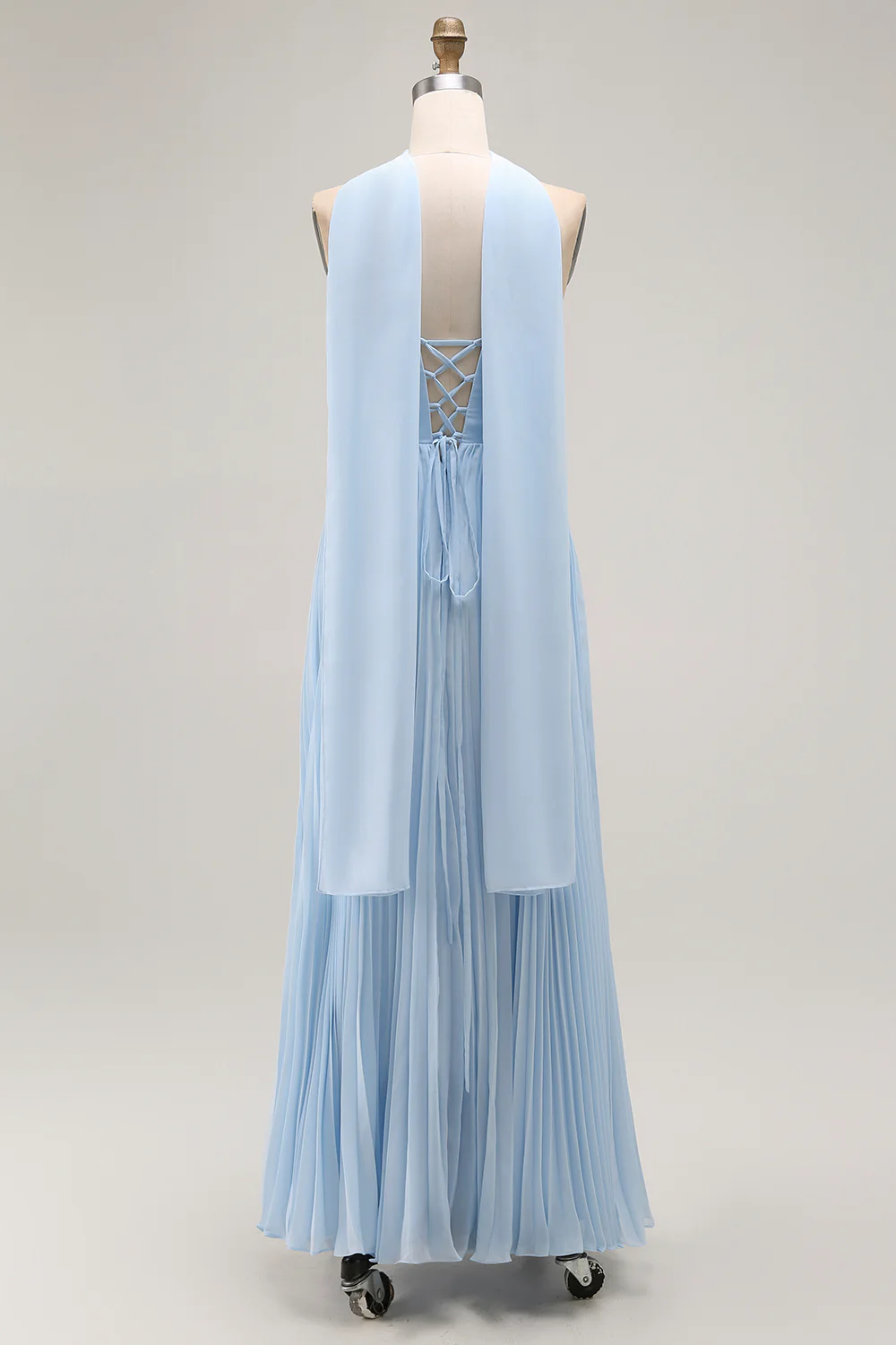Sky Blue A Line Neck Scarf Pleated Long Bridesmaid Dress - VNBITS