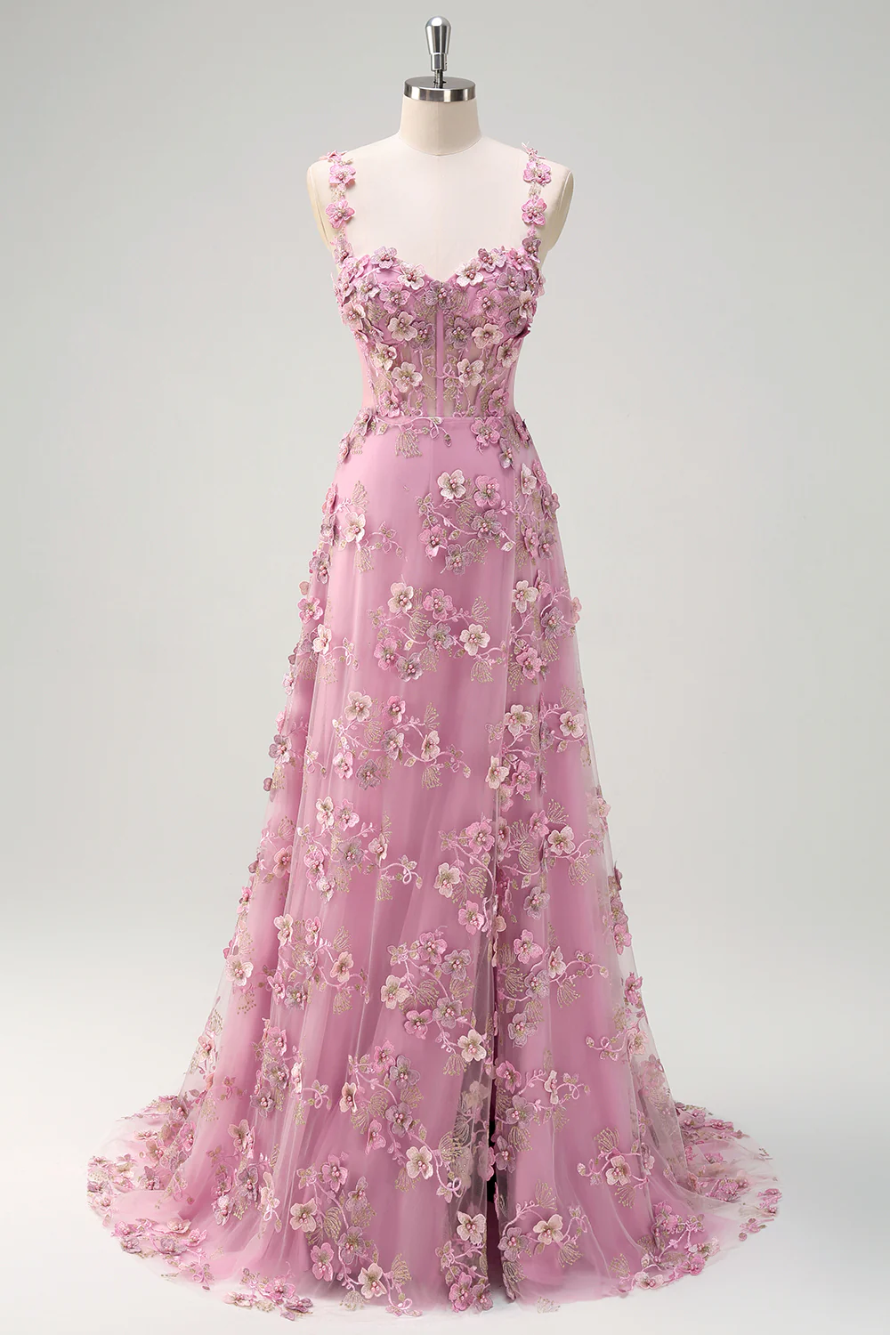 Taro Floral A-Line Spaghetti Straps Long Prom Dress with Slit - VNBITS