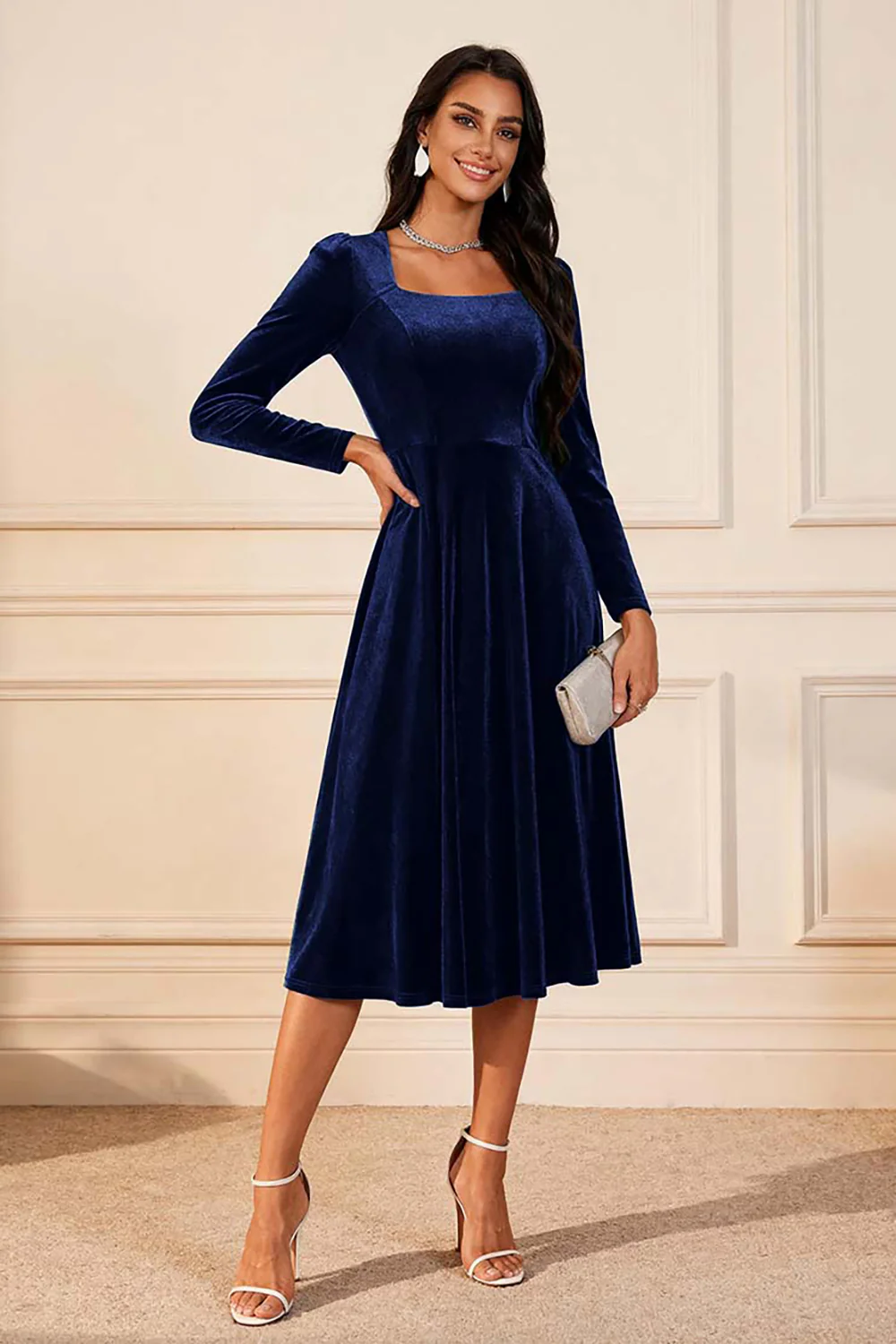 Dark Green A Line Velvet Midi Glitter Holiday Party Dress with Sleeves - VNBITS