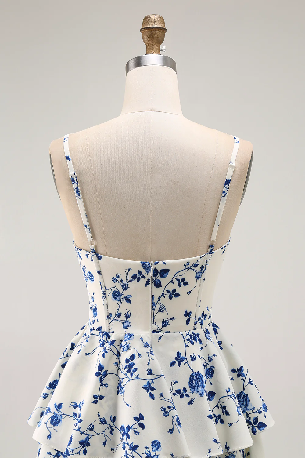 Blue Floral Tiered A Line Ruffled Long Prom Dress with Slit - VNBITS