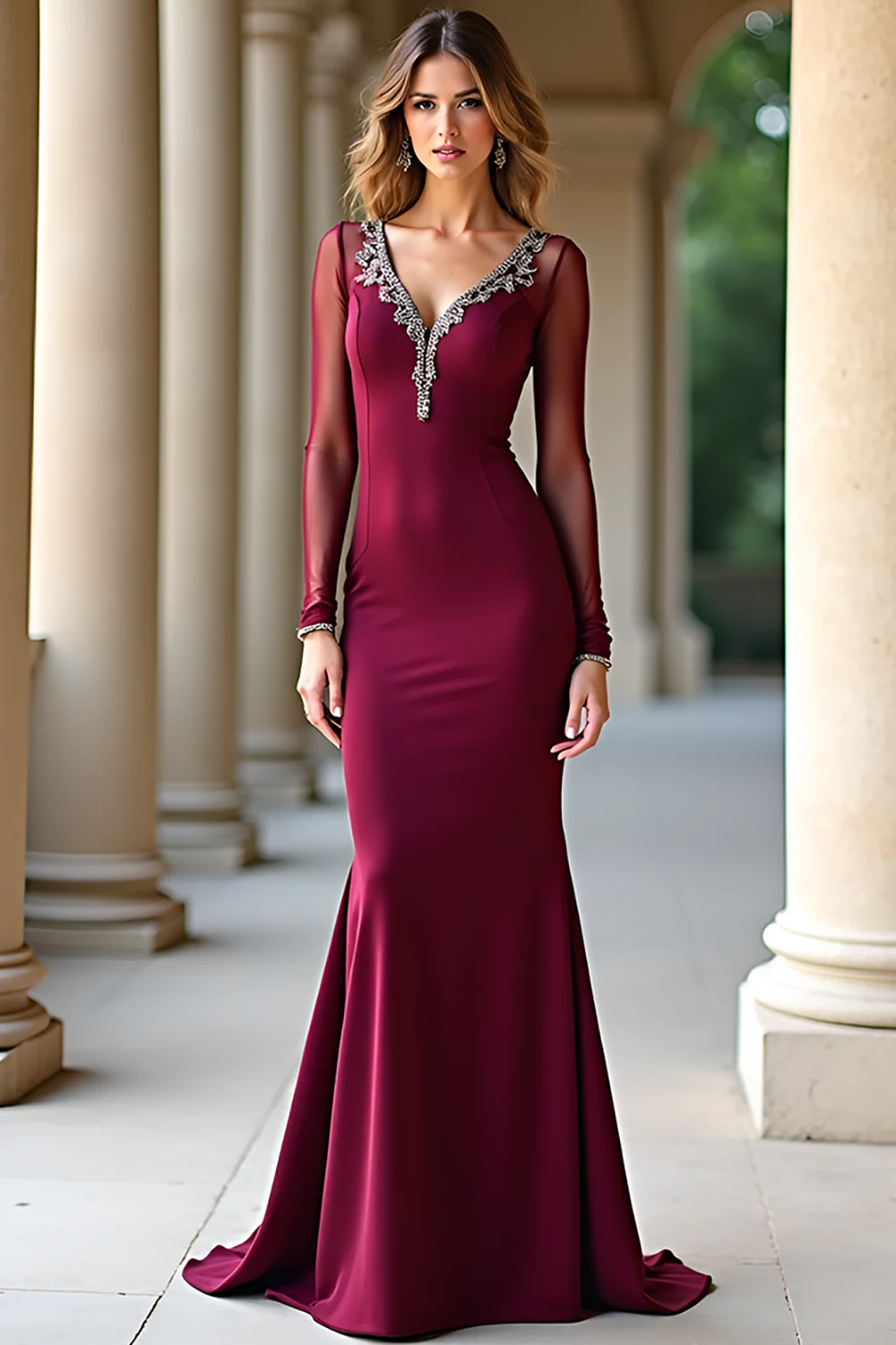 Burgundy Mermaid V-Neck Long Sleeves Prom Dress with Beadings - VNBITS