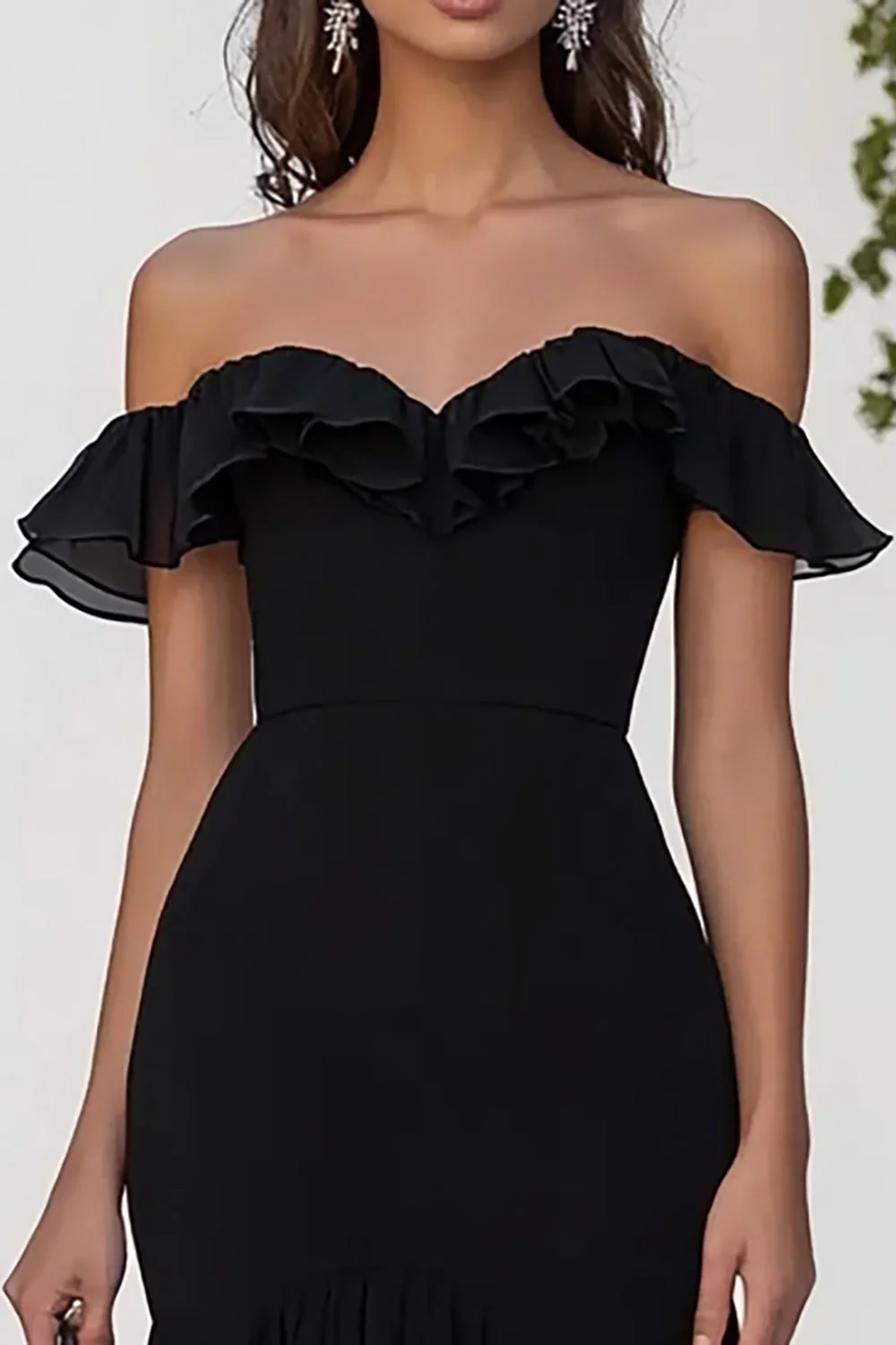 Black Chiffon Off the Shoulder Long Mermaid Formal Dress with Slit - VNBITS