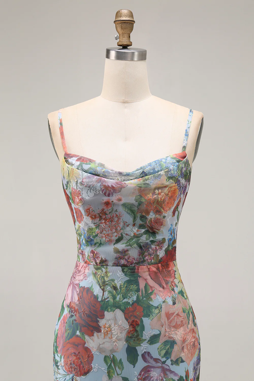 Blue Floral Spaghetti Straps Long Wedding Guest Dress with Slit - VNBITS