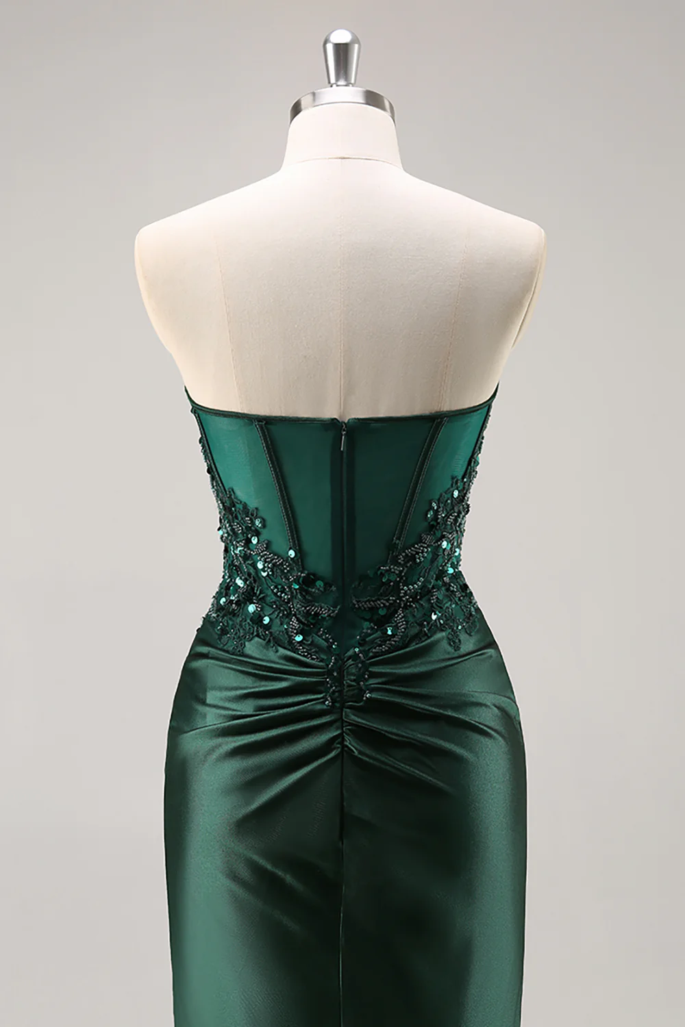 Sparkly Dark Green Corset Satin Mermaid Long Prom Dress with Slit - VNBITS