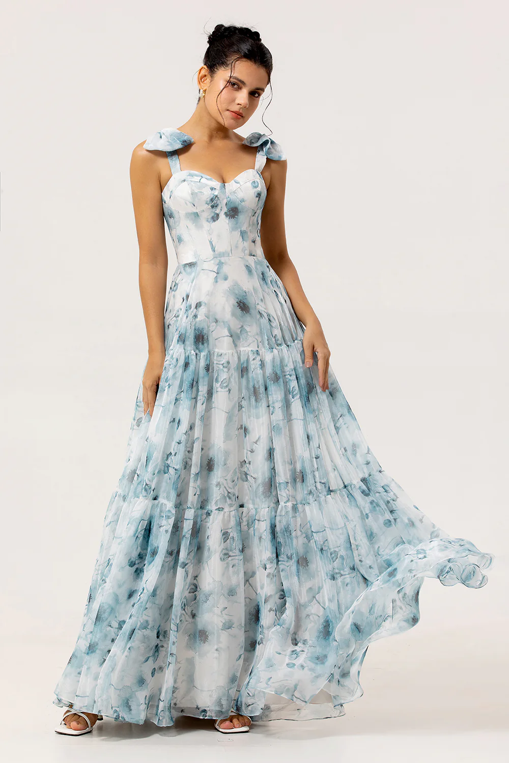 Blue A Line Floral Chiffon Long Bridesmaid Dress with Bows - VNBITS