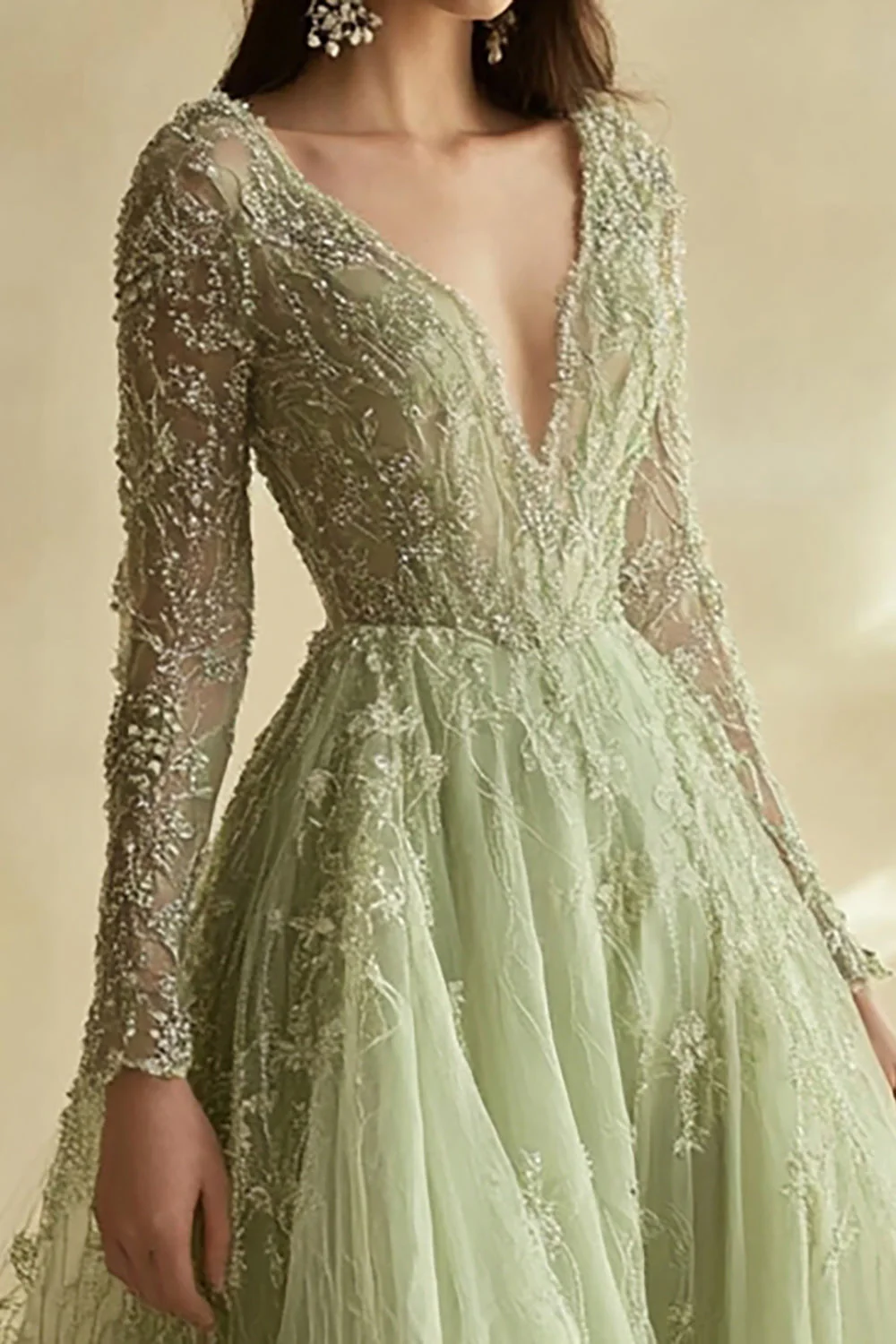 Dusty Sage Lace Applique Tulle V Neck Prom Dress with Long Sleeves - VNBITS