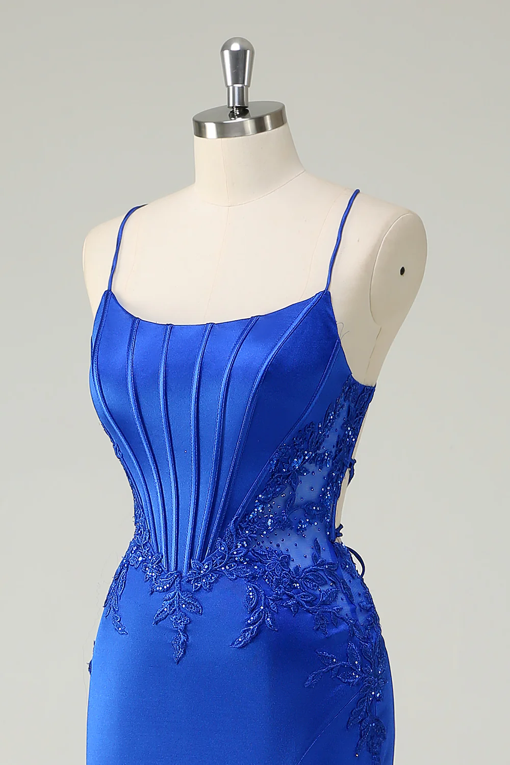Royal Blue Floral Mermaid Spaghetti Straps Long Prom Dress with Slit - VNBITS