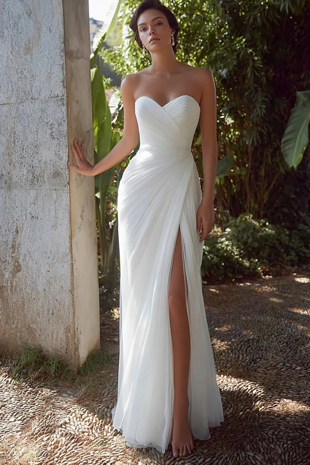 White Sweetheart Chiffon Long Engagement Dress with Slit - VNBITS