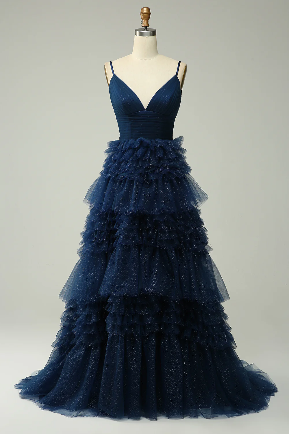 A Line Spaghetti Straps Navy Tiered Prom Dress - VNBITS