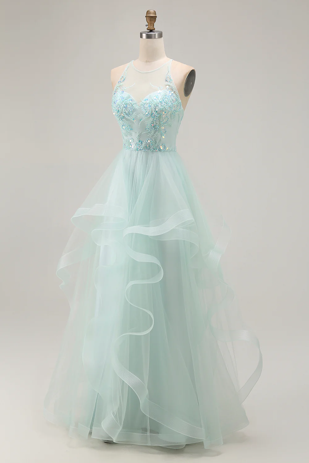 Sparkly Light Green A Line Ruffled Long Prom Dress with Beading - VNBITS