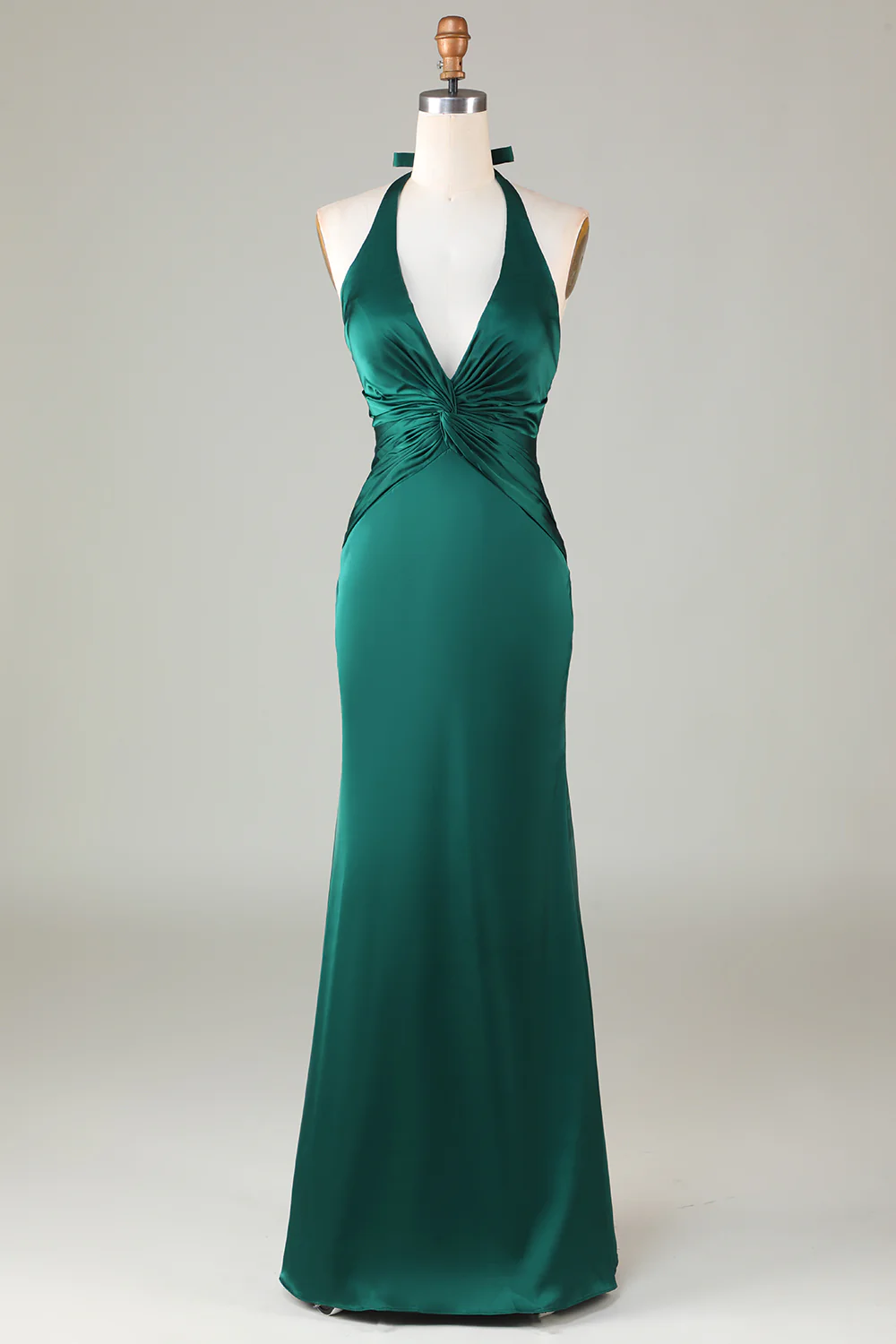 Mermaid Halter Dark Green Long Satin Bridesmaid Dress - VNBITS