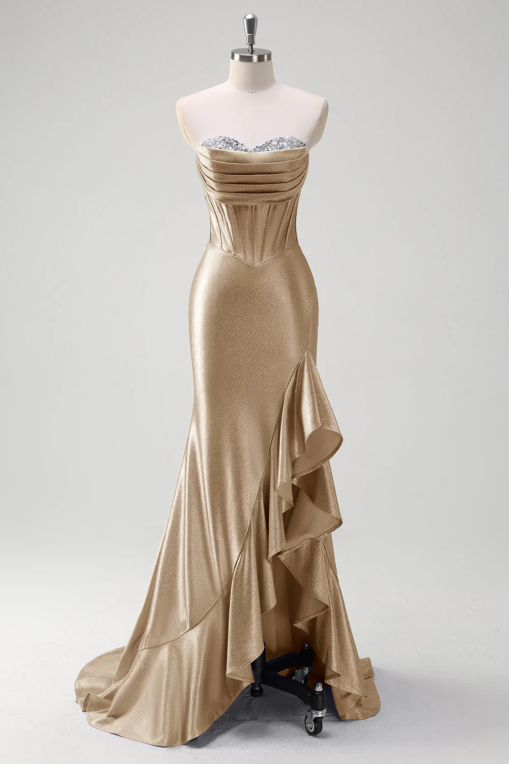 Sparkly Grey Blue Sweetheart Mermaid Long Prom Dress with Ruffles - VNBITS