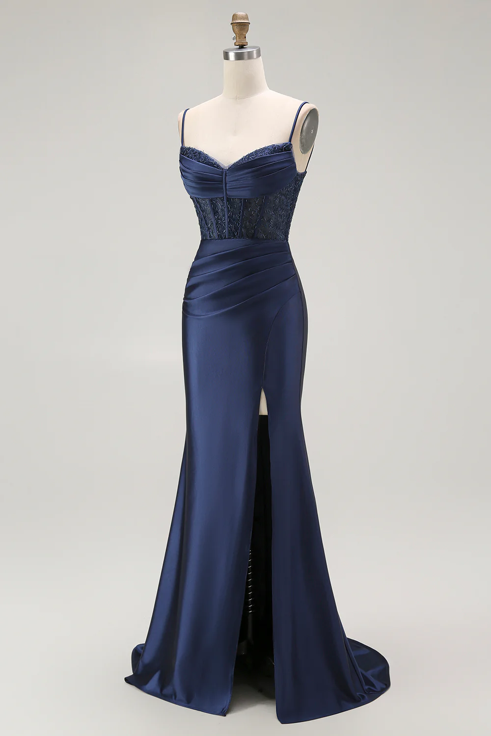 Sparkly Navy Satin Mermaid Long Corset Prom Dress with Beading - VNBITS