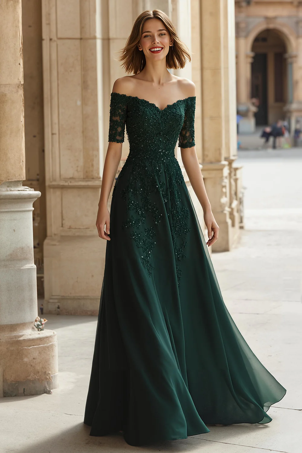 Pine Green Off the Shoulder Chiffon A-Line Long Mother of the Bride Dress with Beading - VNBITS