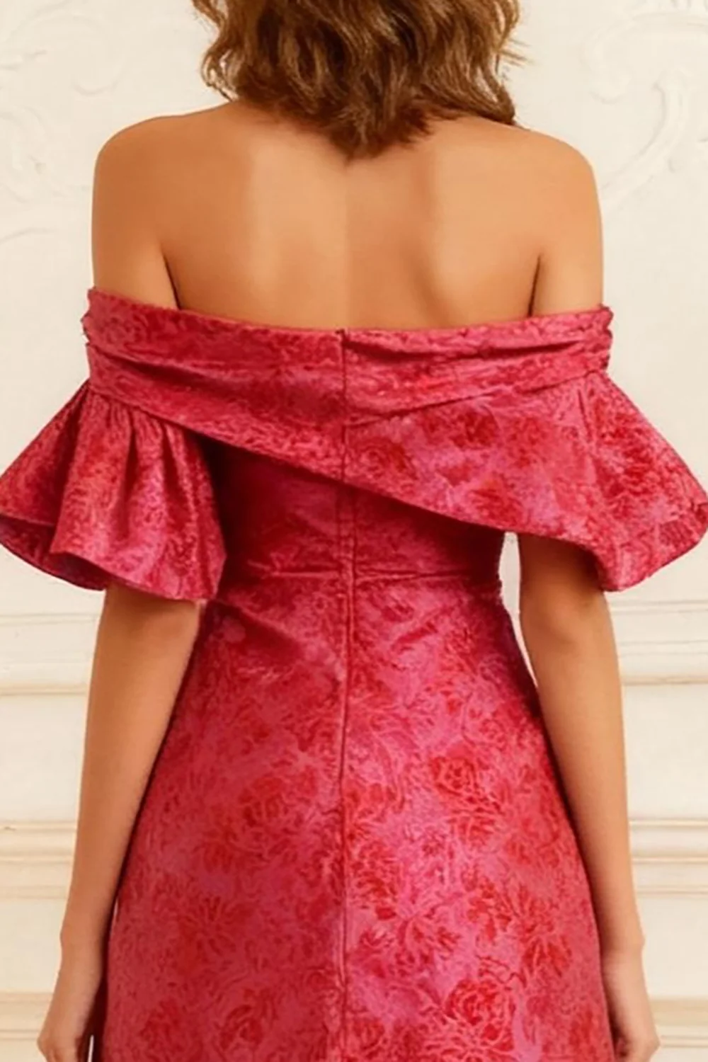 Rust Jacquard Sheath Off the Shoulder Long Prom Dress with Slit - VNBITS