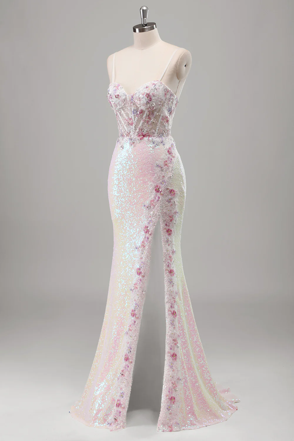Sparkly Pink Floral Mermaid Sequined Spaghetti Straps Long Prom Dress with Slit - VNBITS