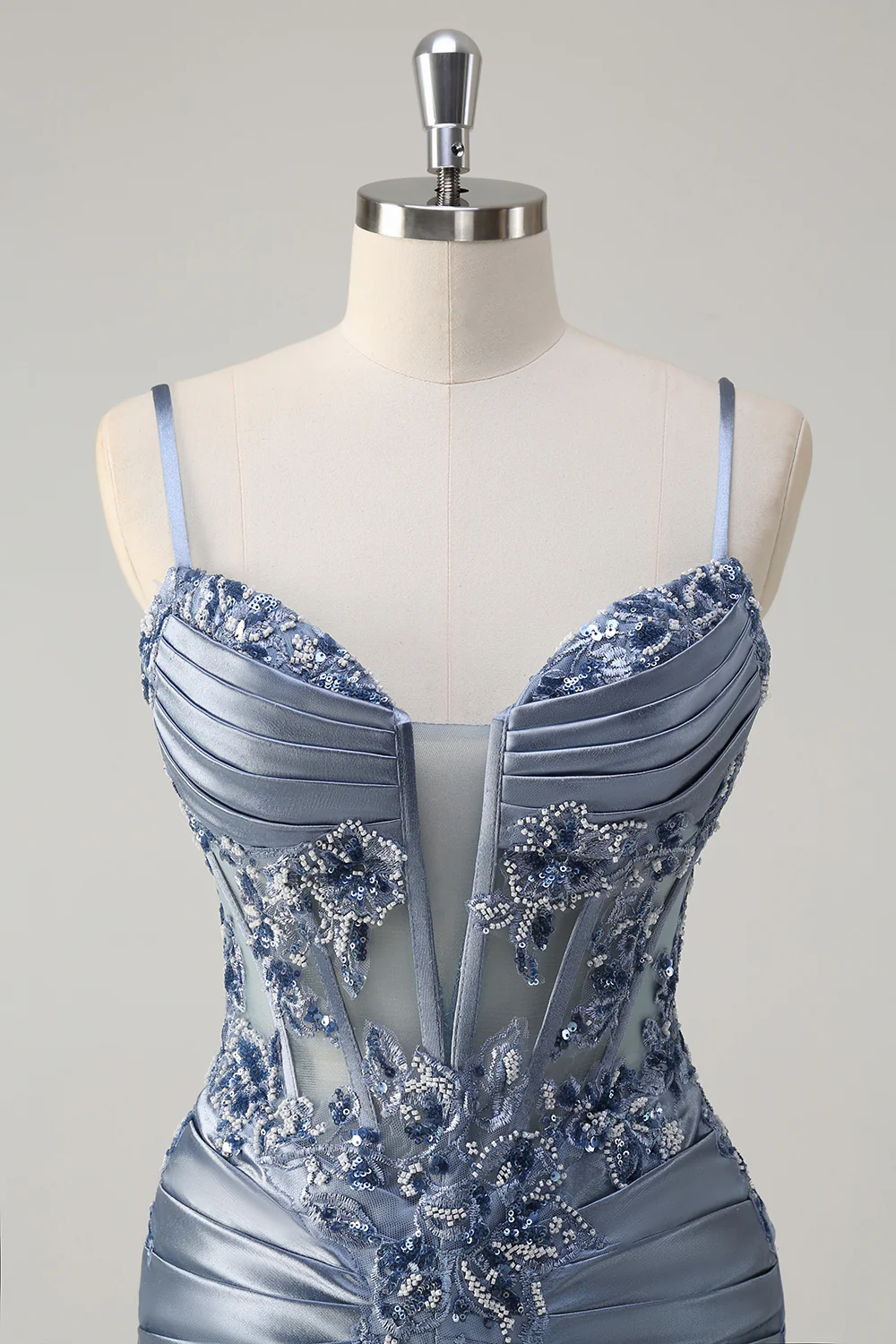 Grey Blue Floral Mermaid Spaghetti Straps Long Prom Dress with Appliques - VNBITS