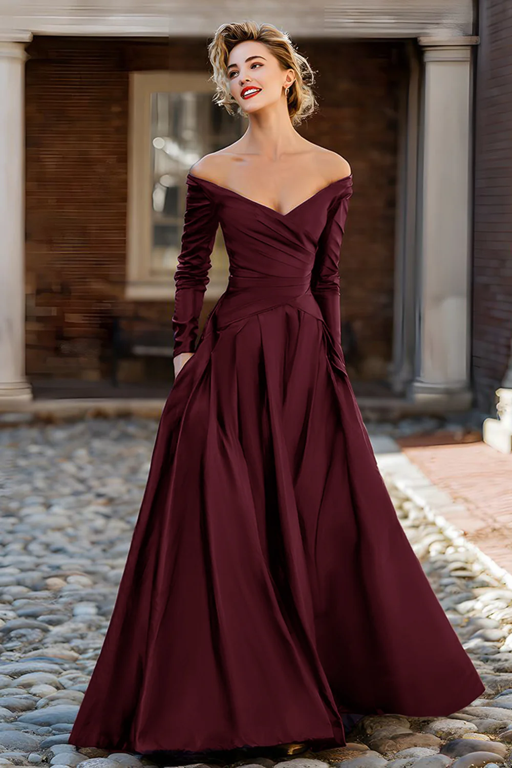 Plum Off the Shoulder A Line Long Mother of the Bride Dress with Sleeves - VNBITS