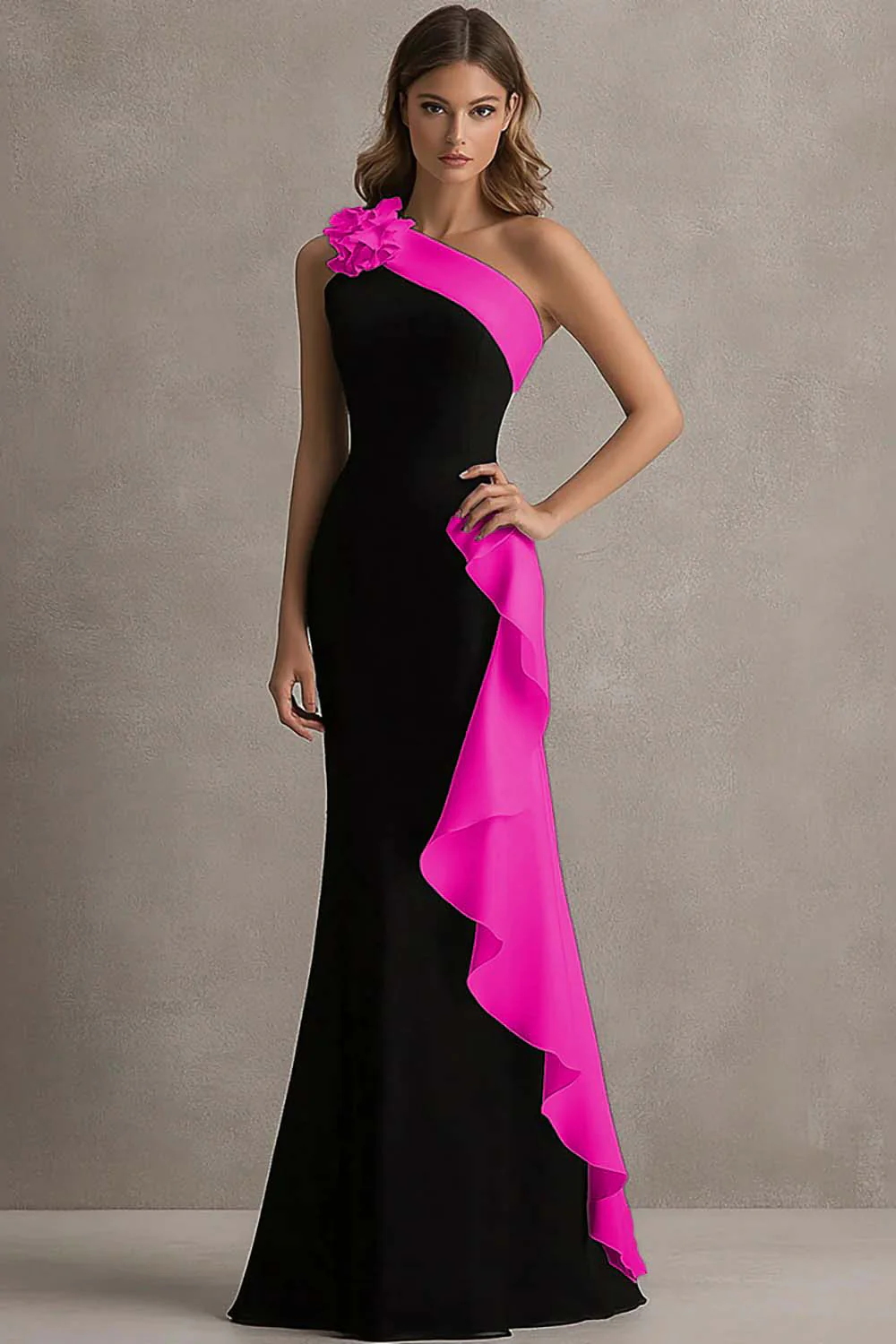 Black and Blue One Shoulder Long Formal Dress with Ruffles - VNBITS