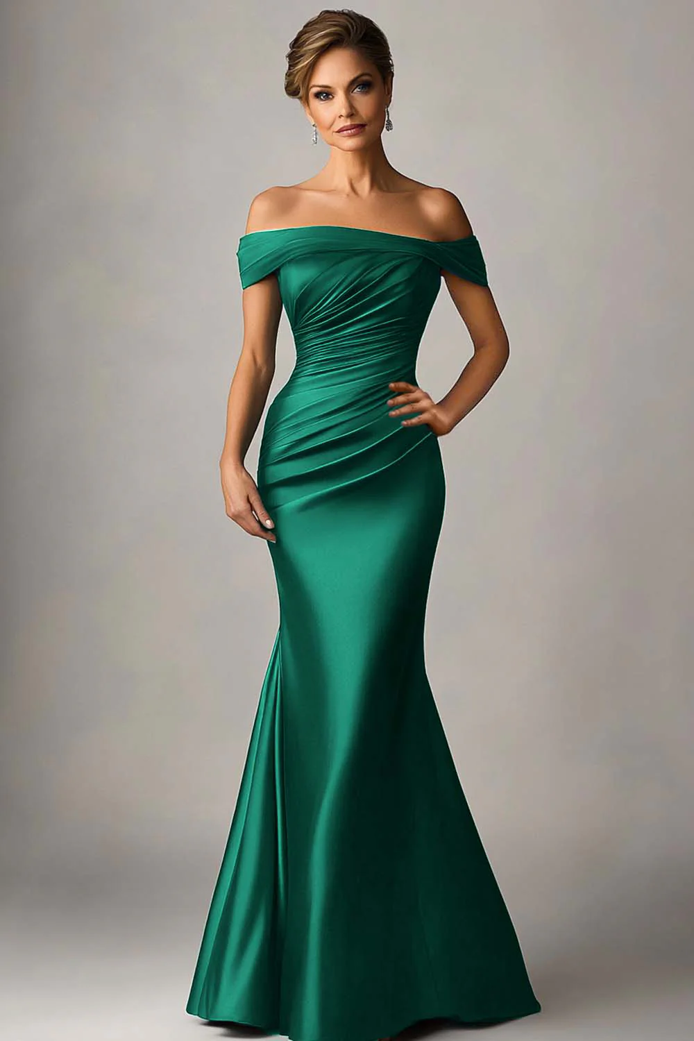 Peacock Blue Mermaid Off The Shoulder Ruched Satin Formal Dress - VNBITS