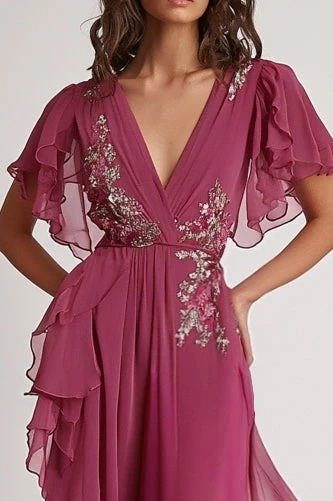 Embellished Dark Pink V Neck A Line Floral Maxi Formal Dress with Ruffles - VNBITS