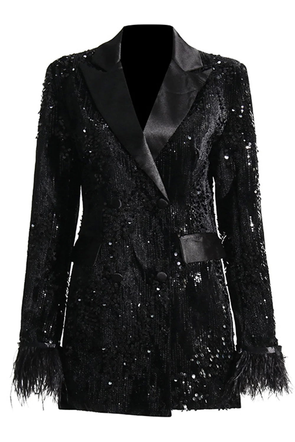 Sparkly Black Peak Lapel Sequins Women Blazer with Feathers - VNBITS